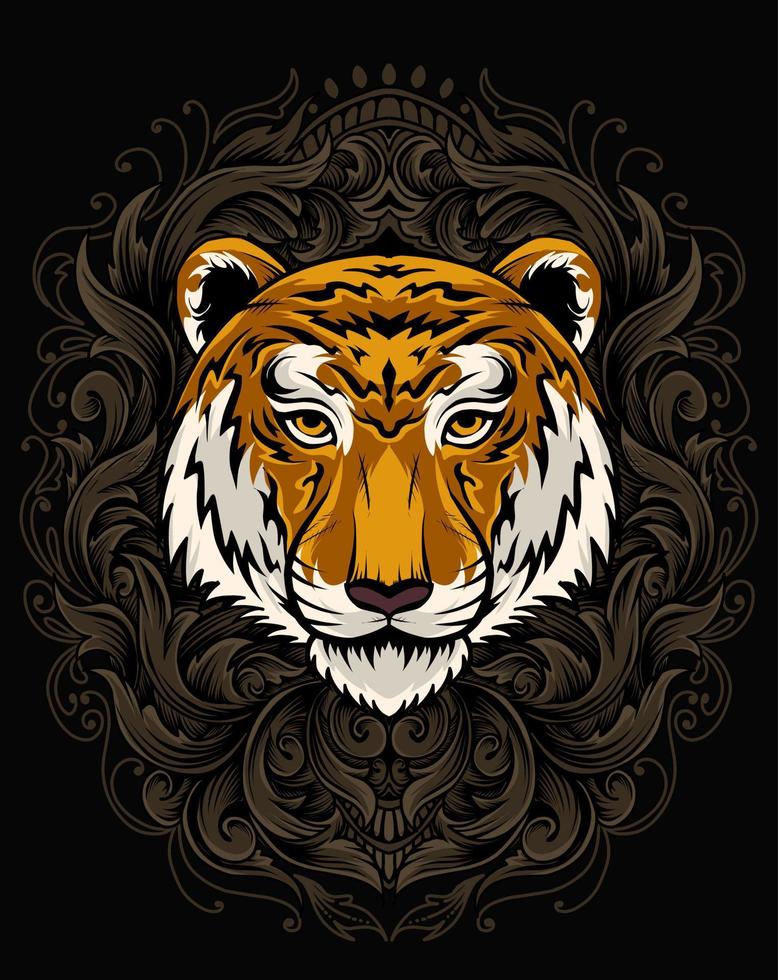 ilustração de cabeça de tigre com ornamento de gravura vintage vetor