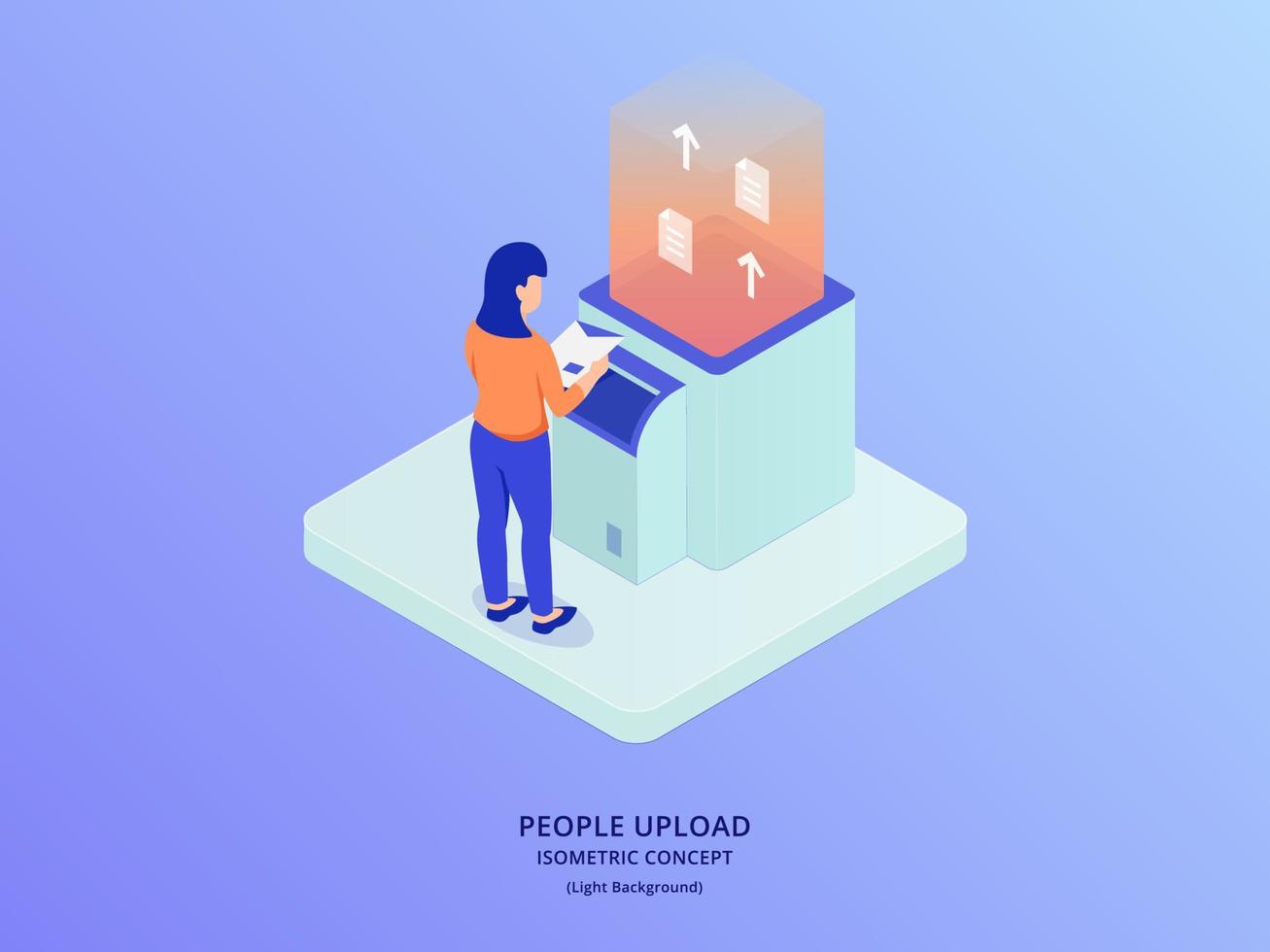 mulher upload conceito de dados com upload de documento por meio de ferramentas de hardware com estilo isométrico vetor