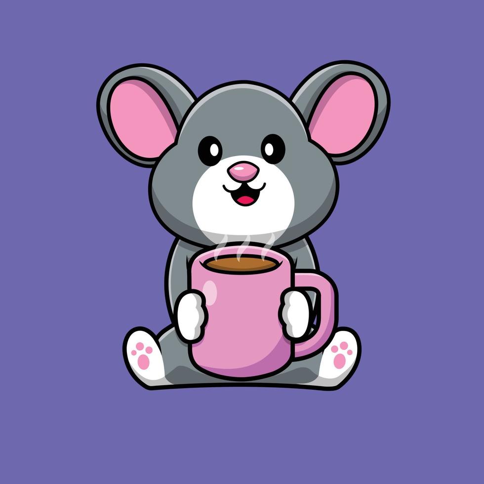 mouse fofo segurando xícara de café quente ilustração em vetor desenho animado