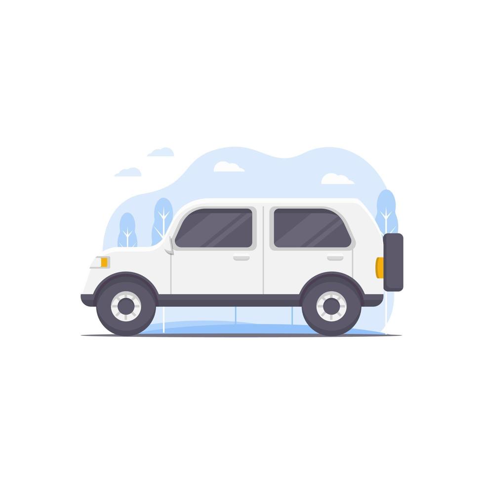 ilustração em vetor de um carro projetado em branco e decorado com elementos de ilustração de cenário de cidade como pano de fundo no tema de ilustração de transporte de carro