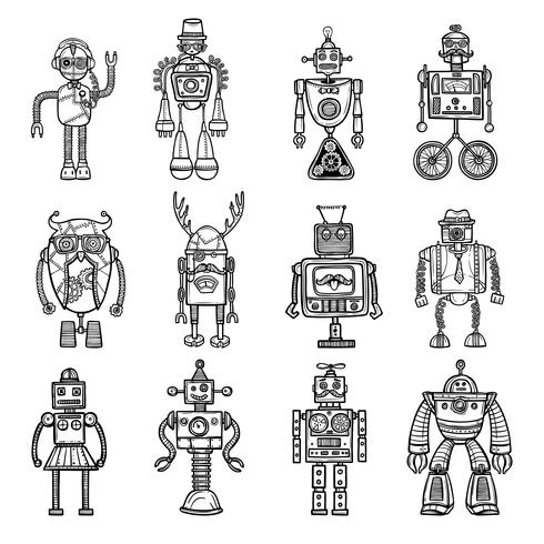 Robots Doodle stile Conjunto de ícones pretos vetor