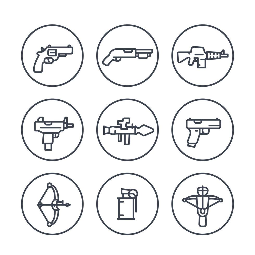 Ícones de linha de armas em círculos, pistola, metralhadora, rifle de assalto, revólver, espingarda, granada, lançador de foguetes, arma de fogo, explosivo vetor