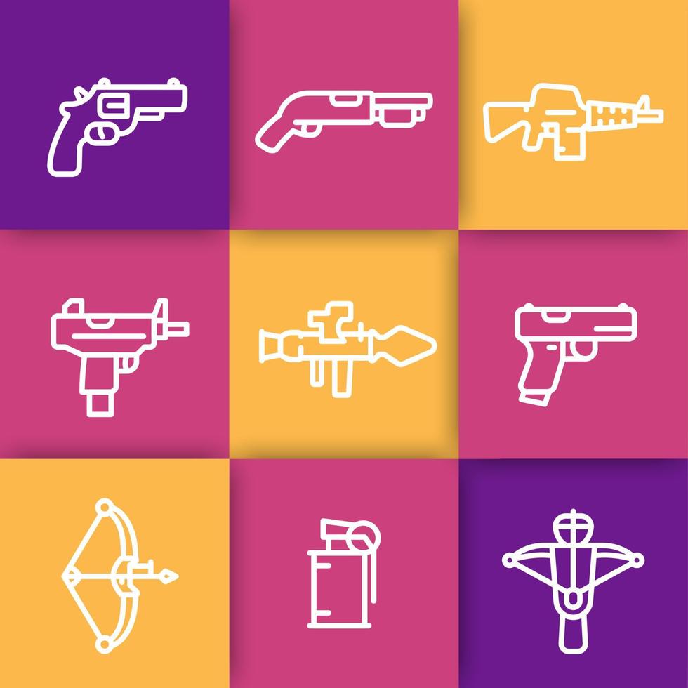 ícones de linha de armas, lançador de foguetes, pistola, metralhadora, rifle, revólver, espingarda, besta vetor