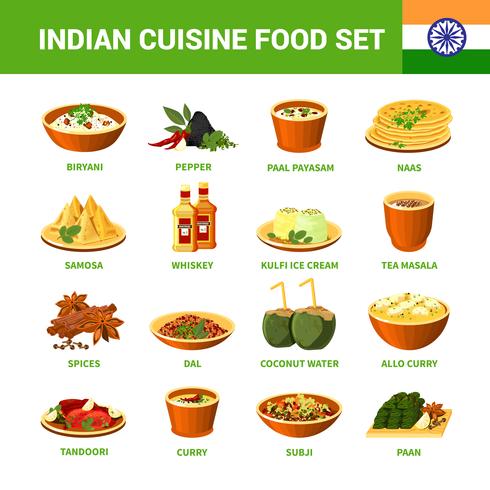 Conjunto de comida de cozinha indiana vetor