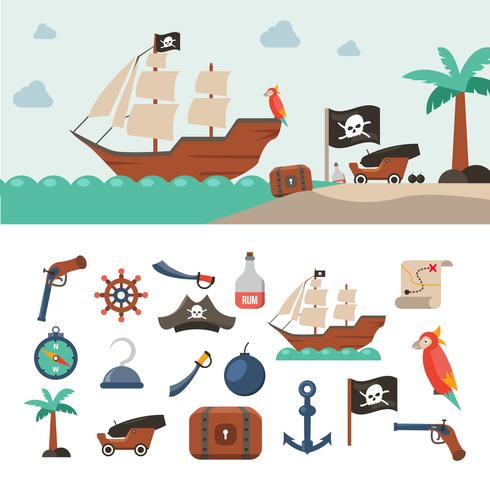 Conjunto de ícones de pirata vetor