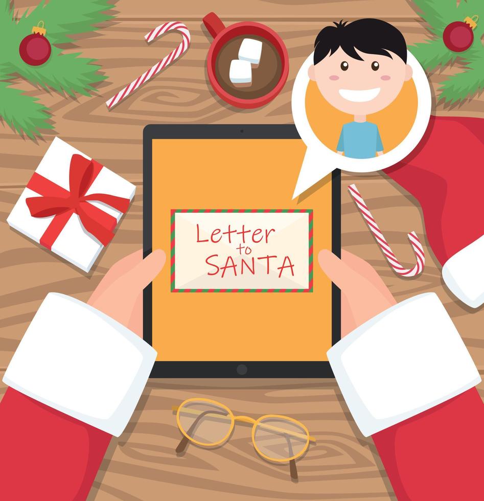 Papai Noel está segurando um tablet com uma carta de um menino - ilustração em vetor design plano