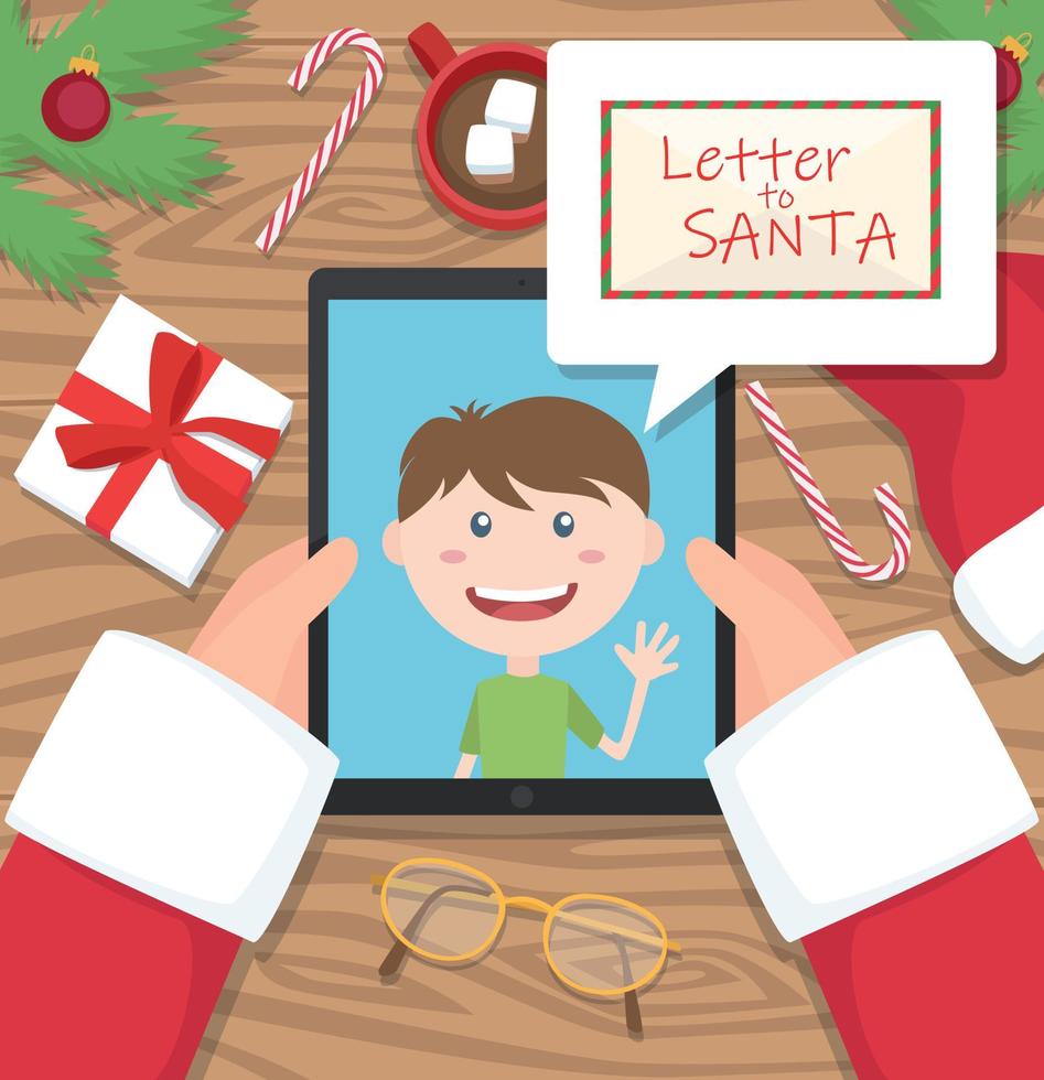 o papai noel está segurando um tablet e conversando com uma jovem e uma carta para o papai noel na nuvem de quadrinhos vetor