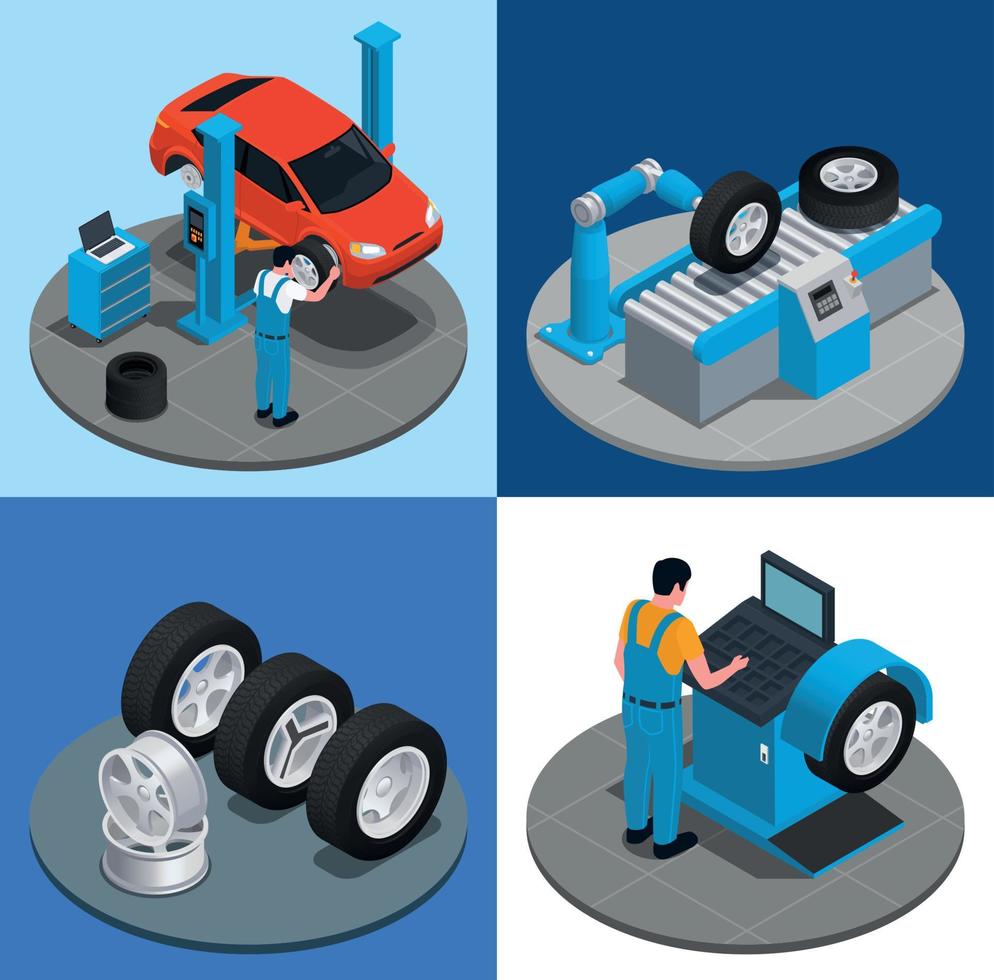 conjunto de ícones isométricos de serviço de produção de quatro pneus vetor