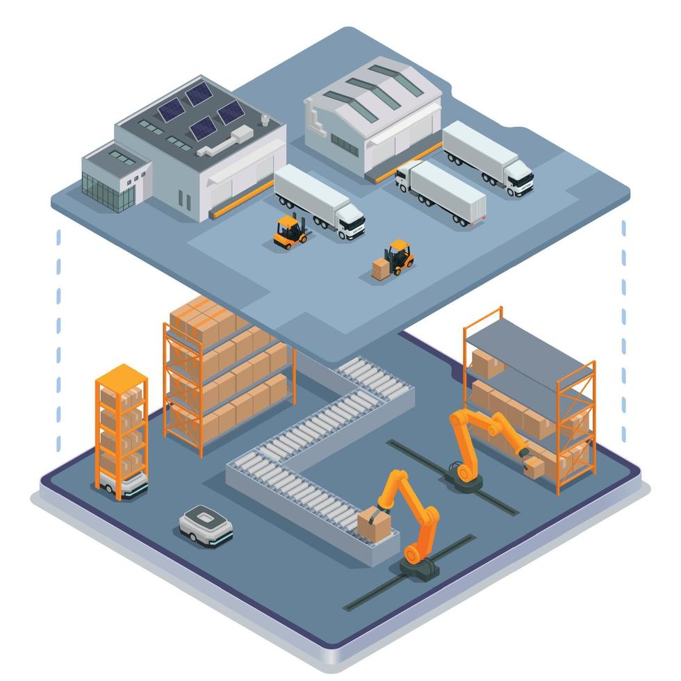 conceito isométrico colorido de armazém moderno vetor