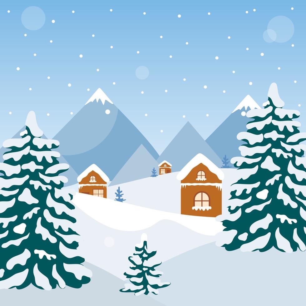 cartão de ano novo e Natal. paisagem de inverno com montanhas e pinheiros. ilustração vetorial para impressão em um cartaz. vetor