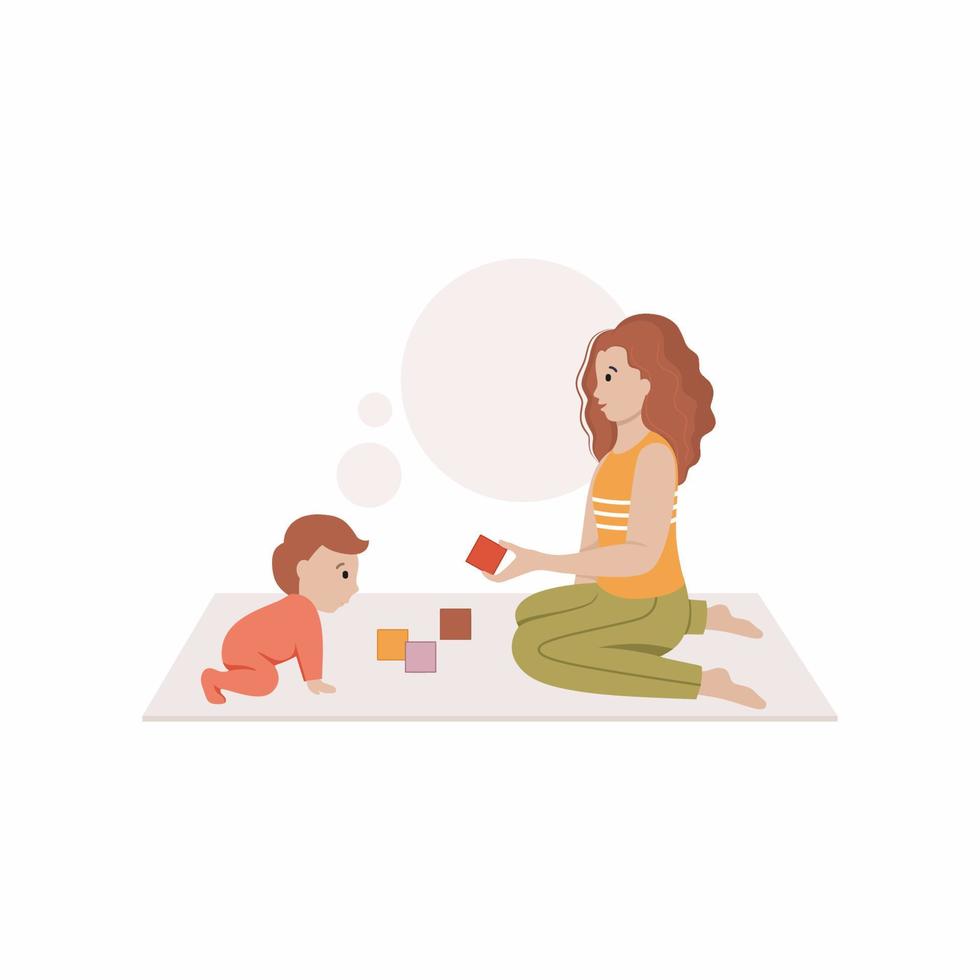 mãe se senta no chão e brinca com a criança em blocos. ilustração vetorial em estilo simples vetor