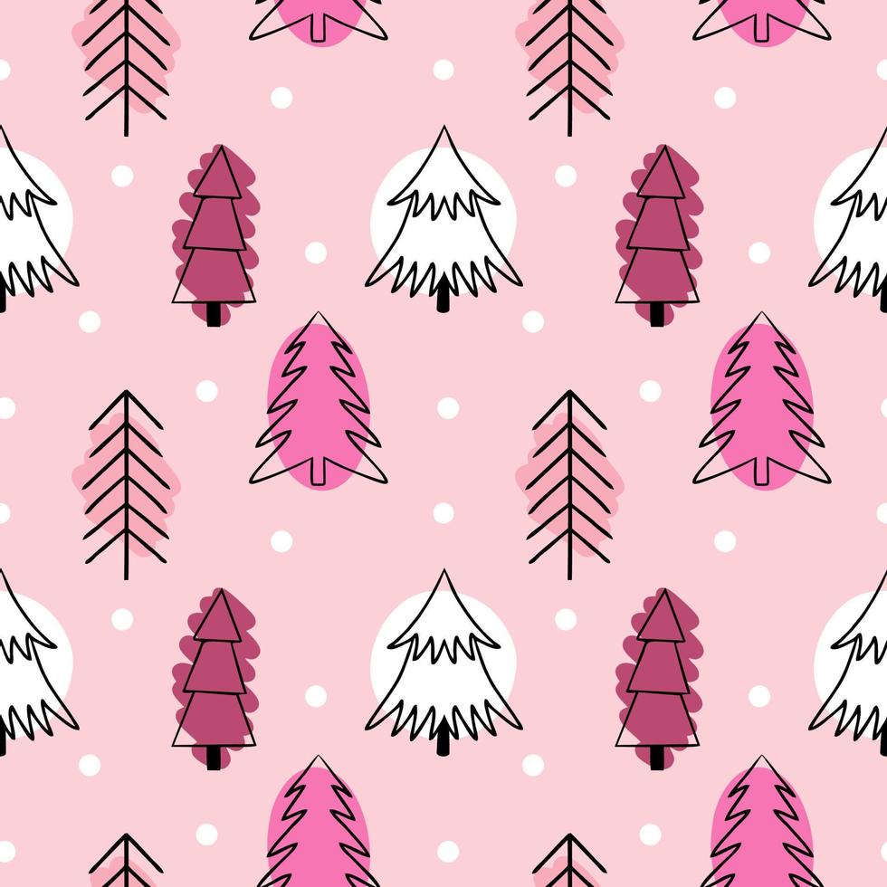 padrão sem emenda rosa com lindas árvores de Natal. árvores no estilo de doodle. fundo para impressão em tecido, papel de parede, papel de embalagem. vetor