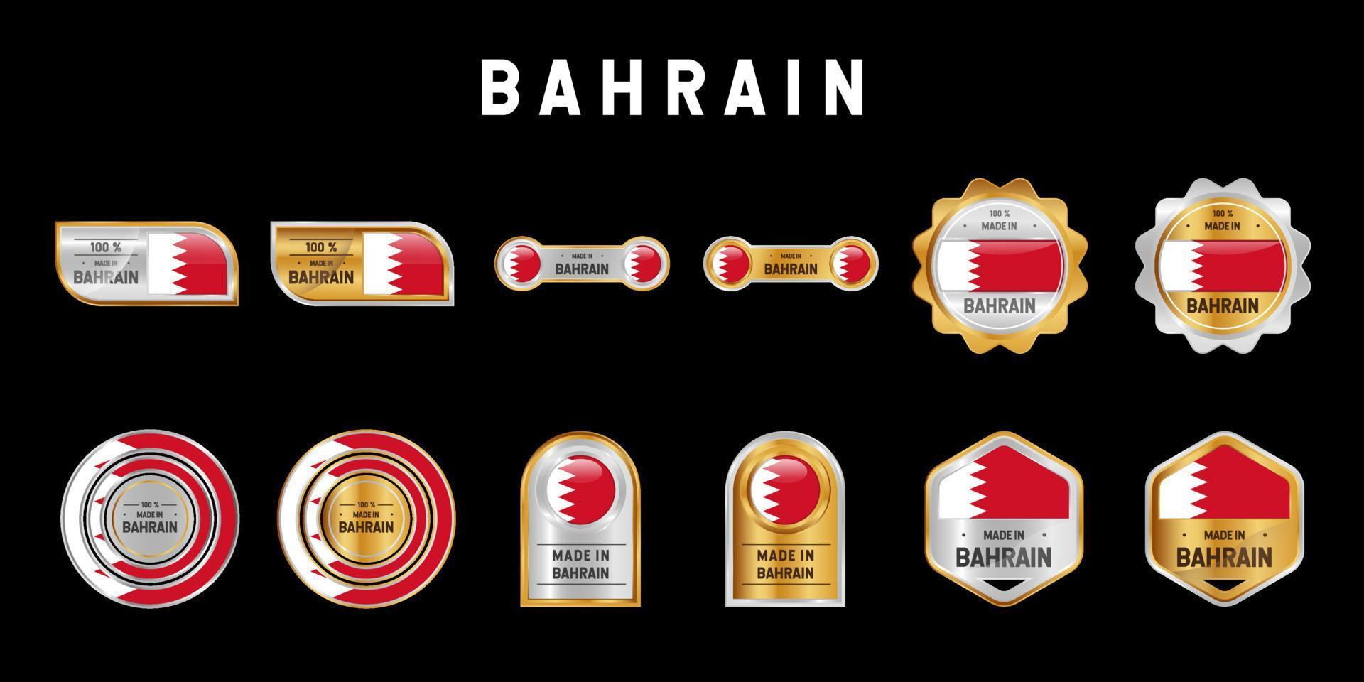 feito em etiqueta, selo, distintivo ou logotipo de Bahrein. com a bandeira nacional do Bahrein. nas cores platina, ouro e prata. emblema premium e luxo vetor