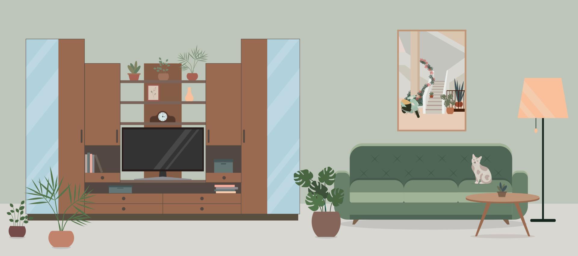 interior aconchegante da sala de estar com armário de tv com prateleiras, tv, sofá, flores em vasos. vetor