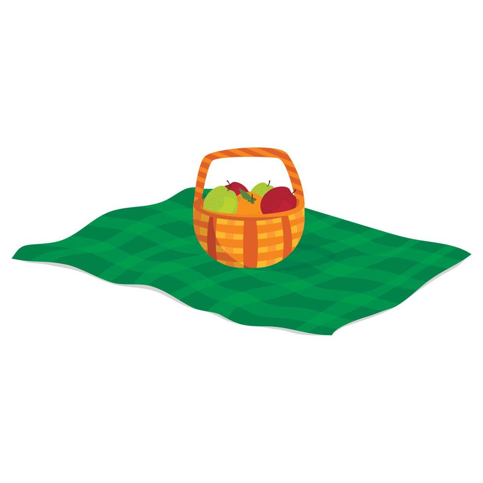 cama de piquenique xadrez verde e cesta de frutas nela vetor