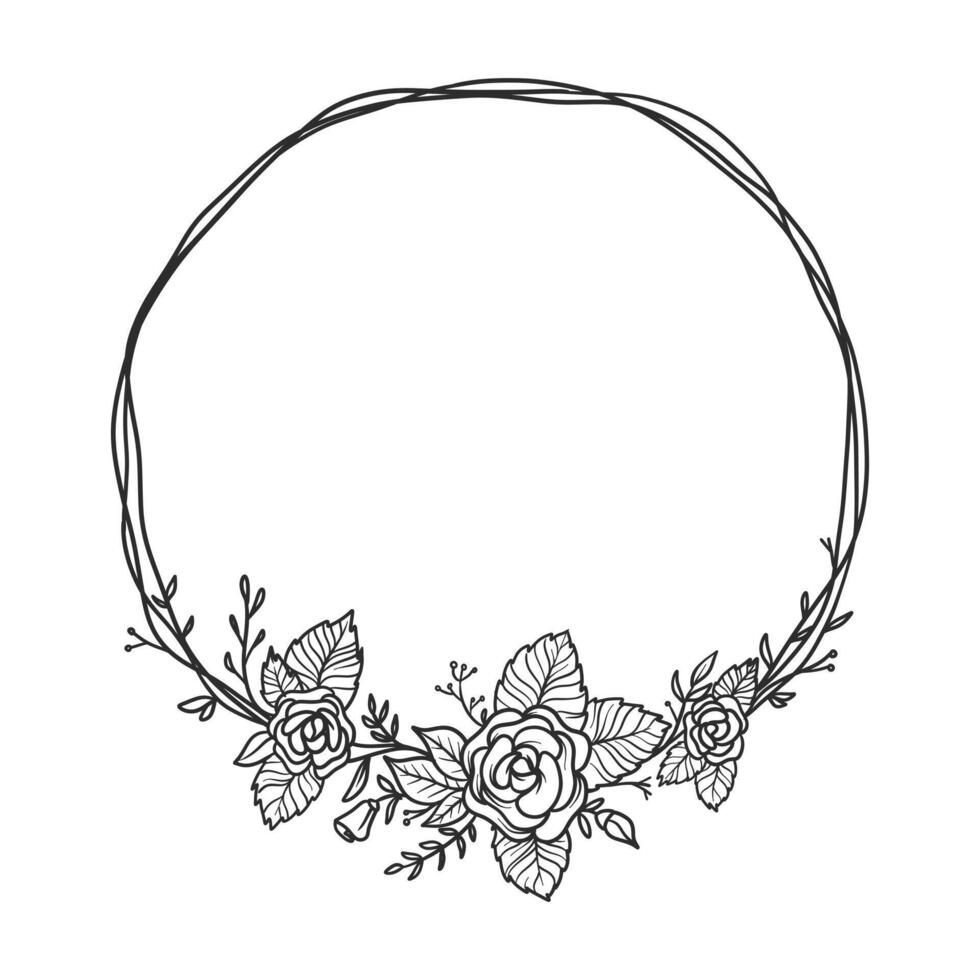 uma ilustração de mão desenhada de guirlanda floral. uma bela moldura decorativa para convite de casamento e letras. um vetor vintage com ornamento de flores e folhas.