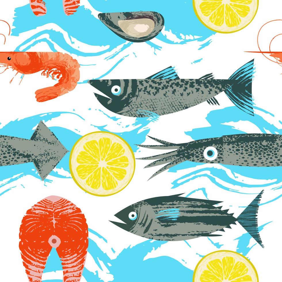 padrão sem emenda. ilustração vetorial no tema de frutos do mar. vários peixes, lulas, camarões e rodelas de limão. em fundo branco com onda azul. vetor