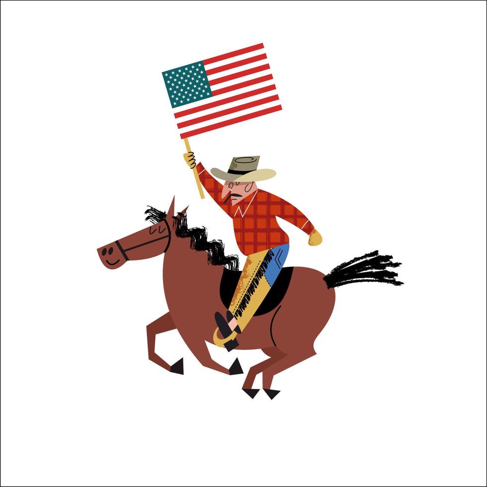 cowboy cavalgando um cavalo com uma bandeira americana na mão. ilustração vetorial. vetor