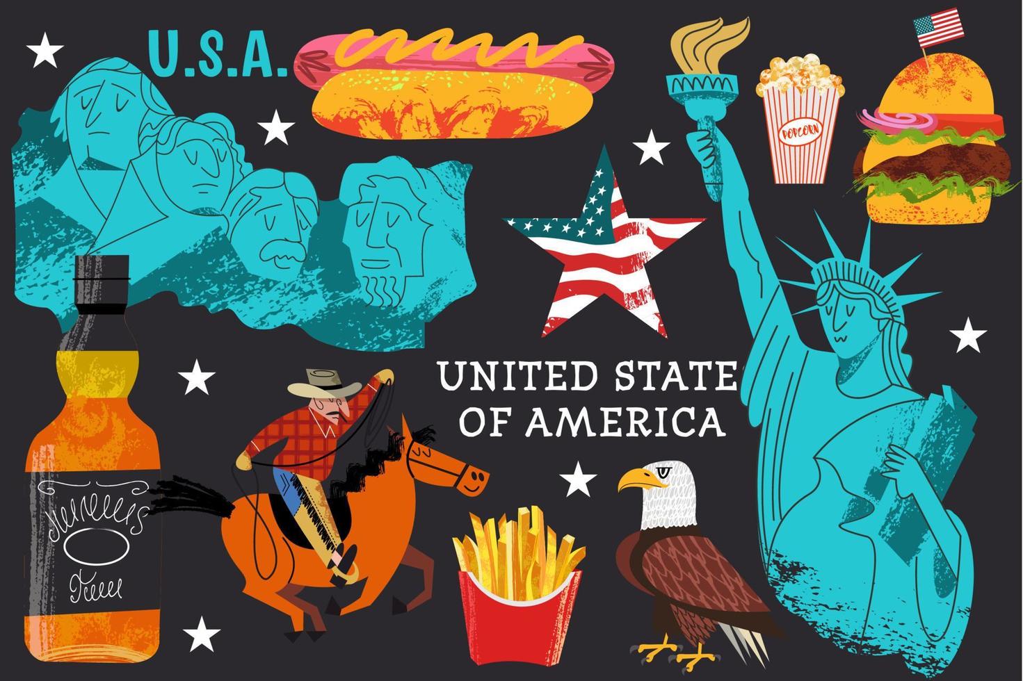 EUA. grande coleção de itens, atrações, tradições, lembranças e comida da América. ilustração vetorial. vetor