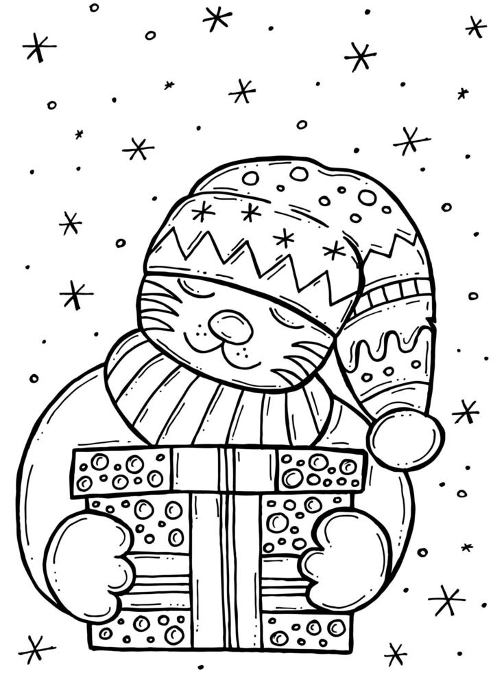 livro de colorir infantil. ilustração em vetor inverno doodle desenhado à mão. Feliz Natal de 2022. símbolo do ano. um tigre com um chapéu e lenço e um presente com círculos.