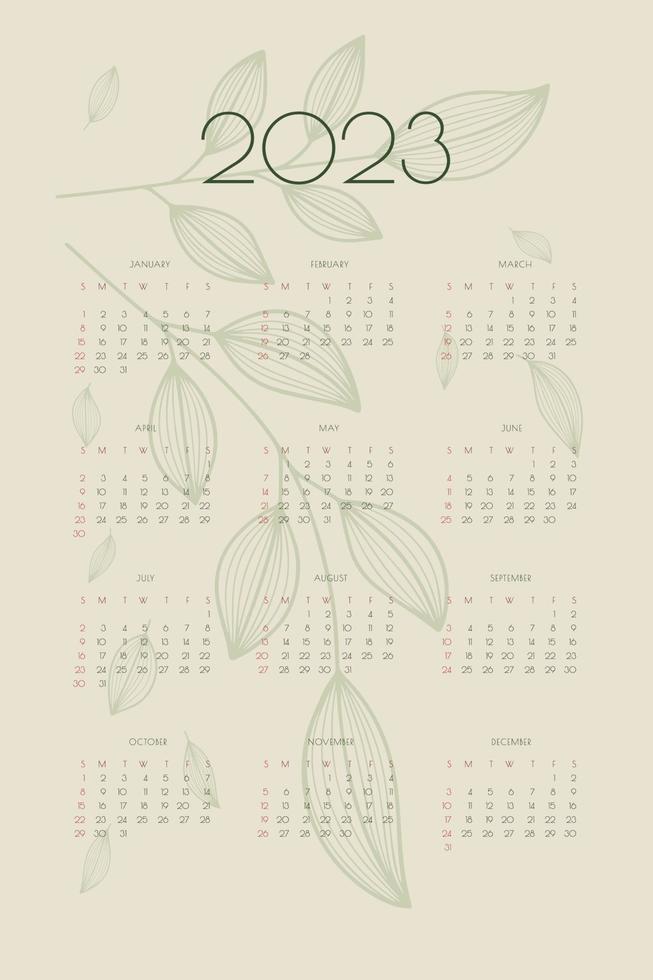 Calendário 2023 com folhas e ramos desenhados à mão, modelo de organizador de planejador em estilo ecológico natural verde, formato vertical vetor