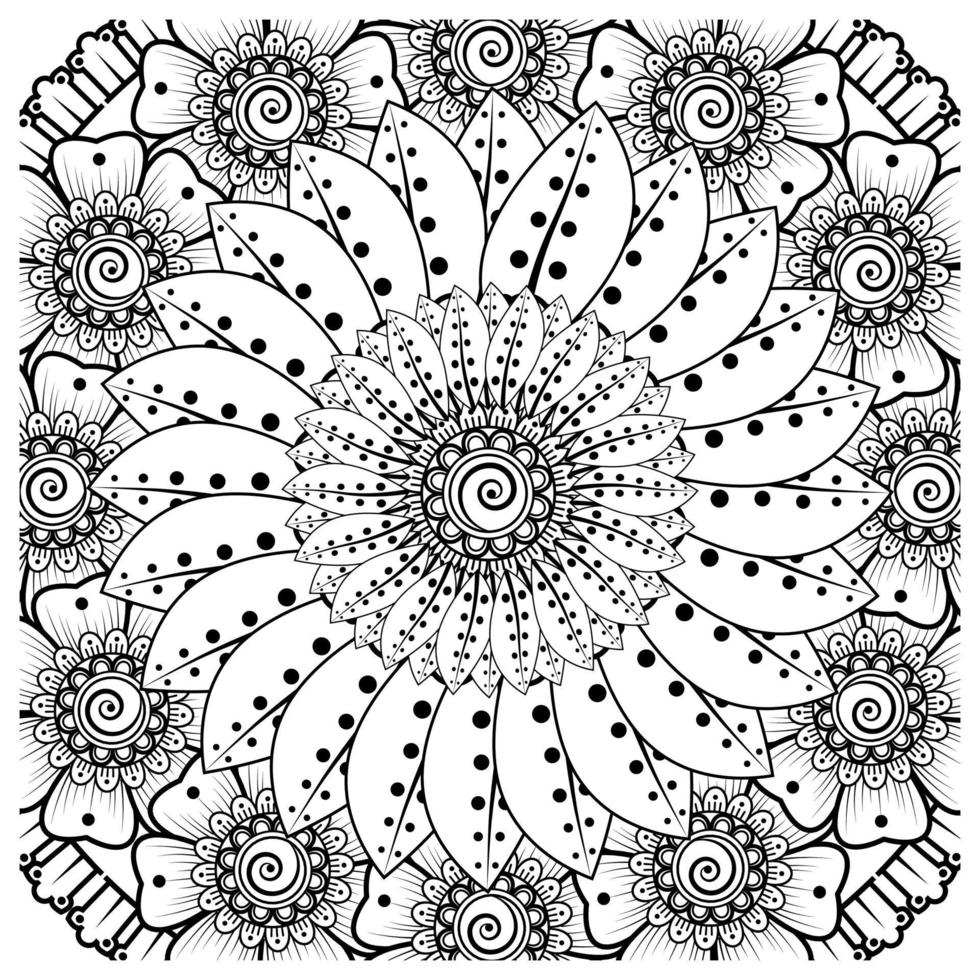 flor mehndi para henna, mehndi, tatuagem, decoração. ornamento decorativo em estilo oriental étnico, ornamento de doodle, desenho de mão de contorno. página do livro para colorir. vetor