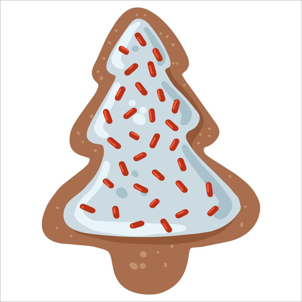 Lindo biscoito de gengibre, árvore de ano novo, biscoito de Natal envidraçado em fundo branco vetor