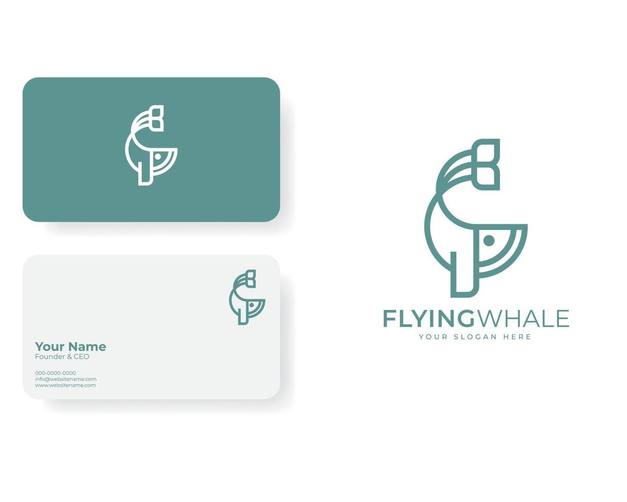 Logotipo da arte da linha de baleia voadora com modelo de cartão de visita vetor