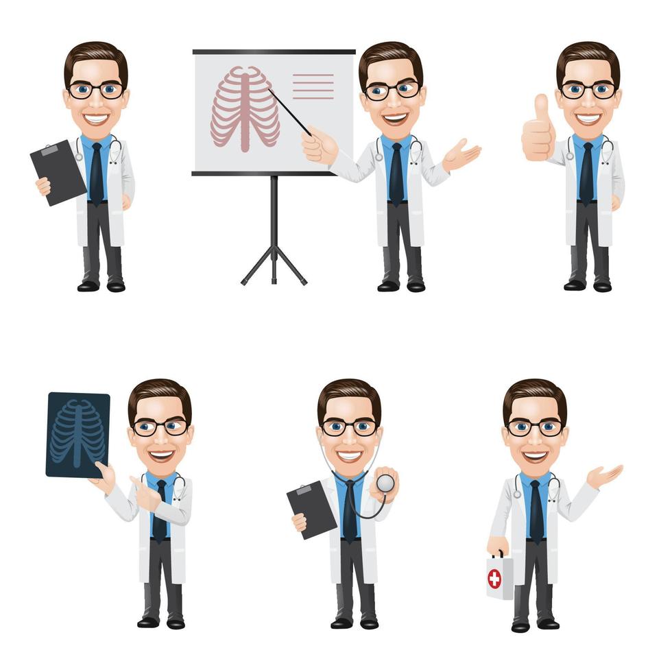 conjunto de personagem médico em 6 poses diferentes vetor