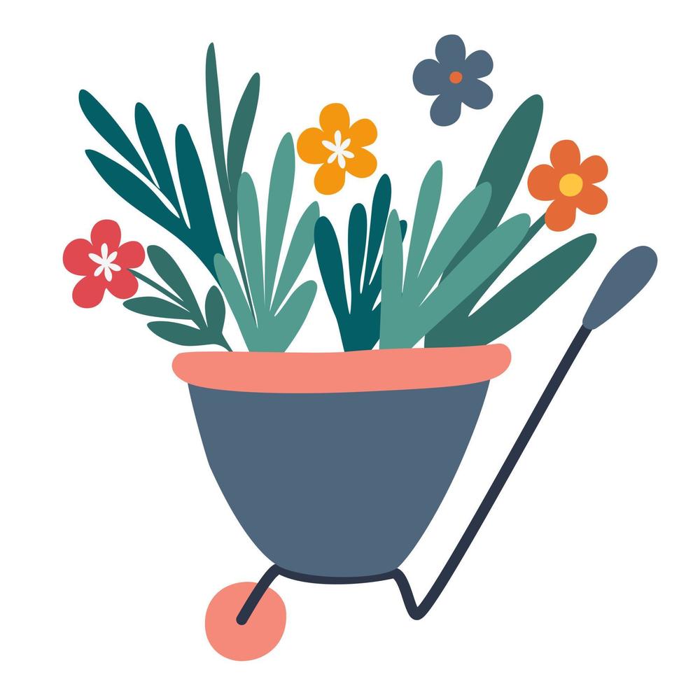 carrinho de mão com flores. jardinagem. para flores e plantas. equipamento de ferramentas de jardim. mão desenhar ilustração de desenho vetorial vetor