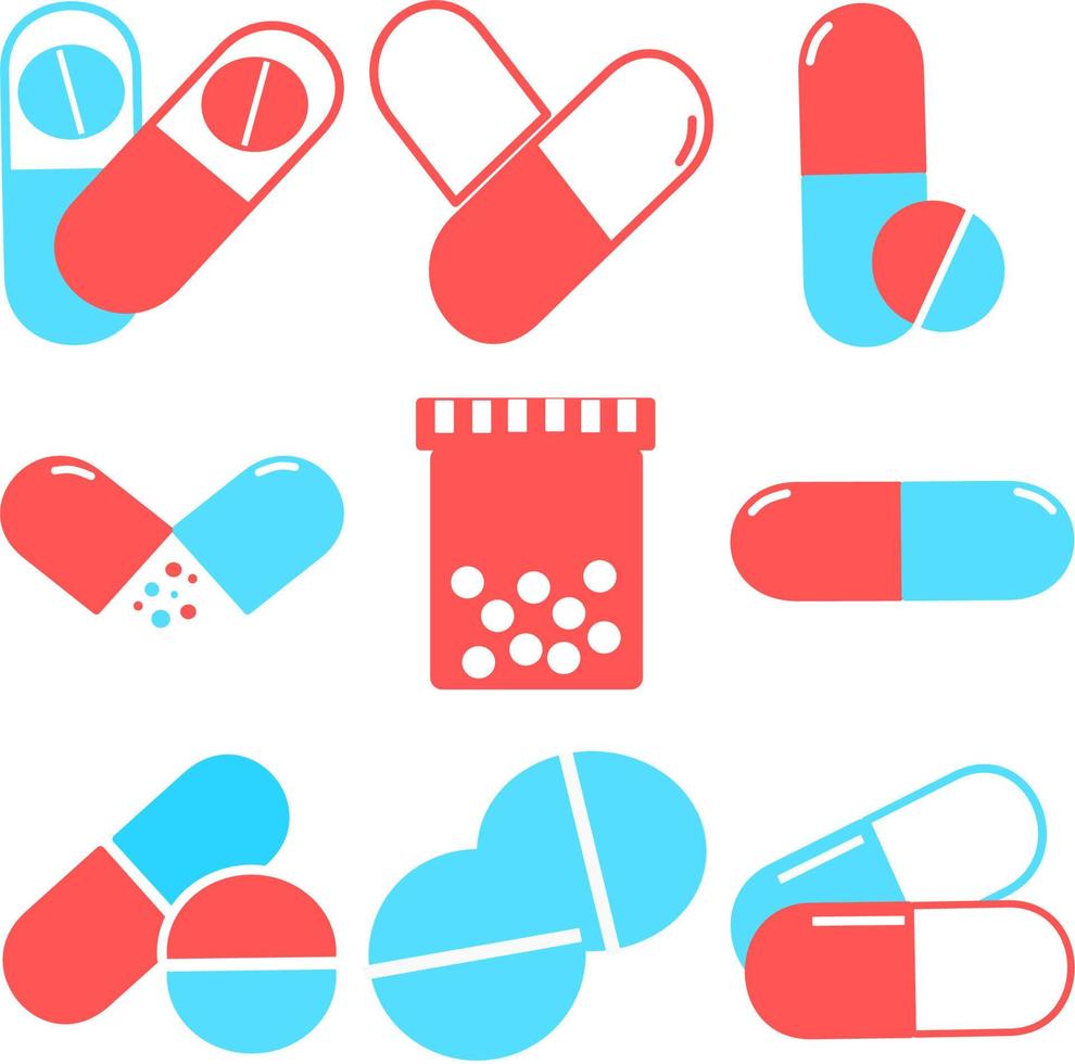 ícones de comprimidos médicos definidos no fundo branco, azul e vermelho. medicamento, farmácia, hospital, conjunto de drogas. medicação, conceito farmacêutico. ilustração vetorial. drogas ícones plana comprimidos, cápsulas. vetor