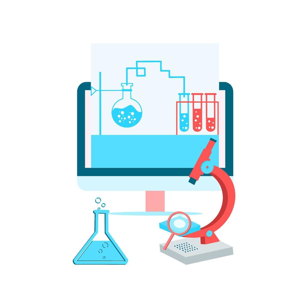 conceito de pesquisa médica. microscópio isométrico, símbolo da ciência, química, instrumento farmacêutico, ferramenta de ampliação de microbiologia. produto químico de vidro, copo, tubo de frasco para laboratório. ilustração vetorial. vetor