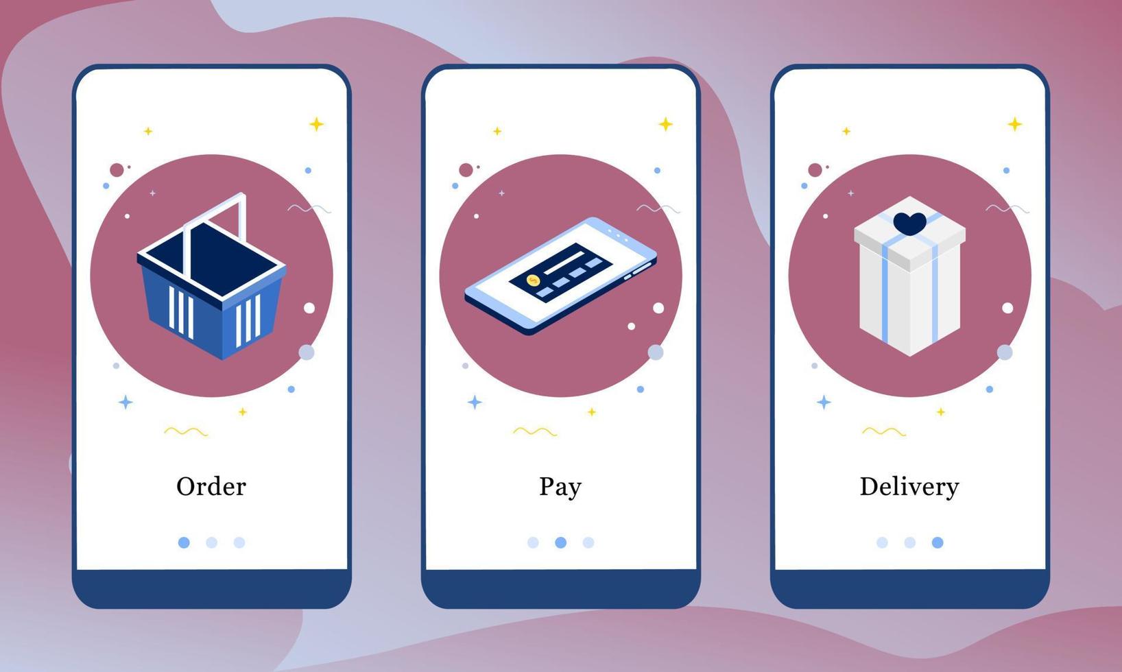 ilustração vetorial de pedido, pagamento e entrega nas telas do aplicativo de compras onboarding e no conceito da web. interface de compras online ux, ui gui modelo de tela a bordo para smart phone ou banners de site da web. vetor