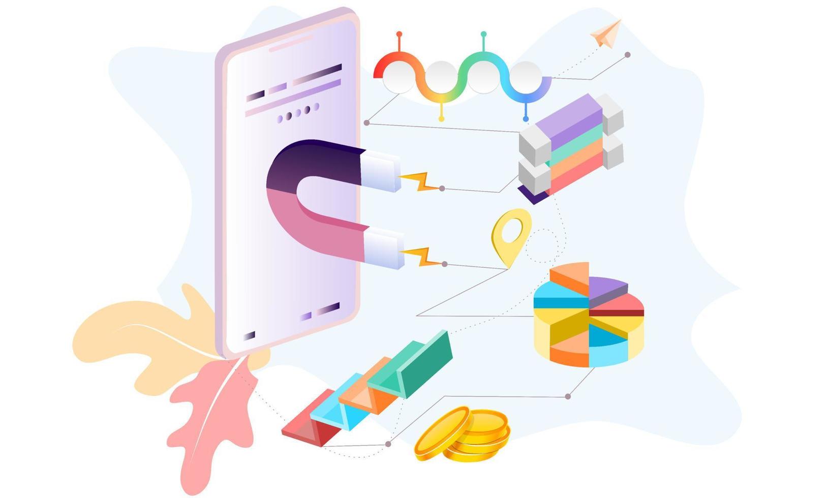 design plano moderno conceito isométrico 3d de análise de big data para banner e site. modelo de página de destino isométrica. gráfico de informação digital e orçamento financeiro estatístico. ilustração vetorial. vetor