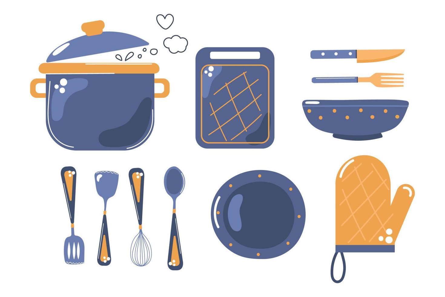 conjunto de utensílios de cozinha, cozinha, pratos. ilustração vetorial plana. vetor