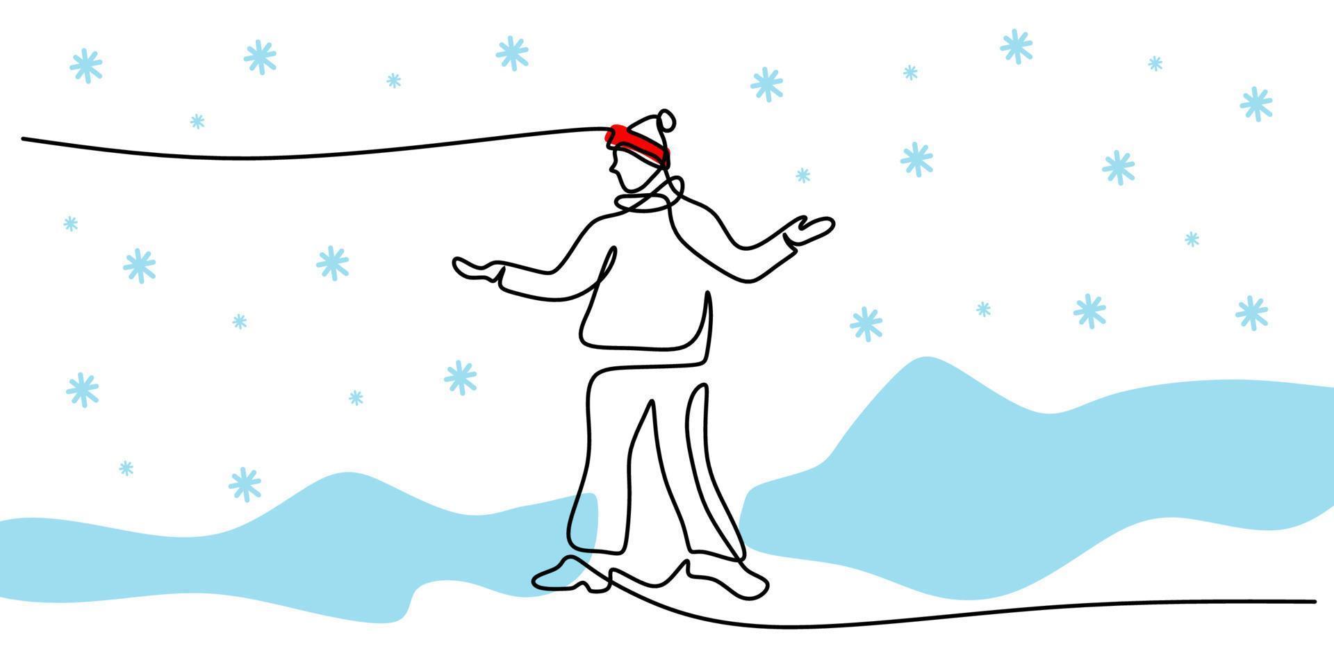 contínua uma única linha de homem parado na neve usando chapéu de Papai Noel vetor