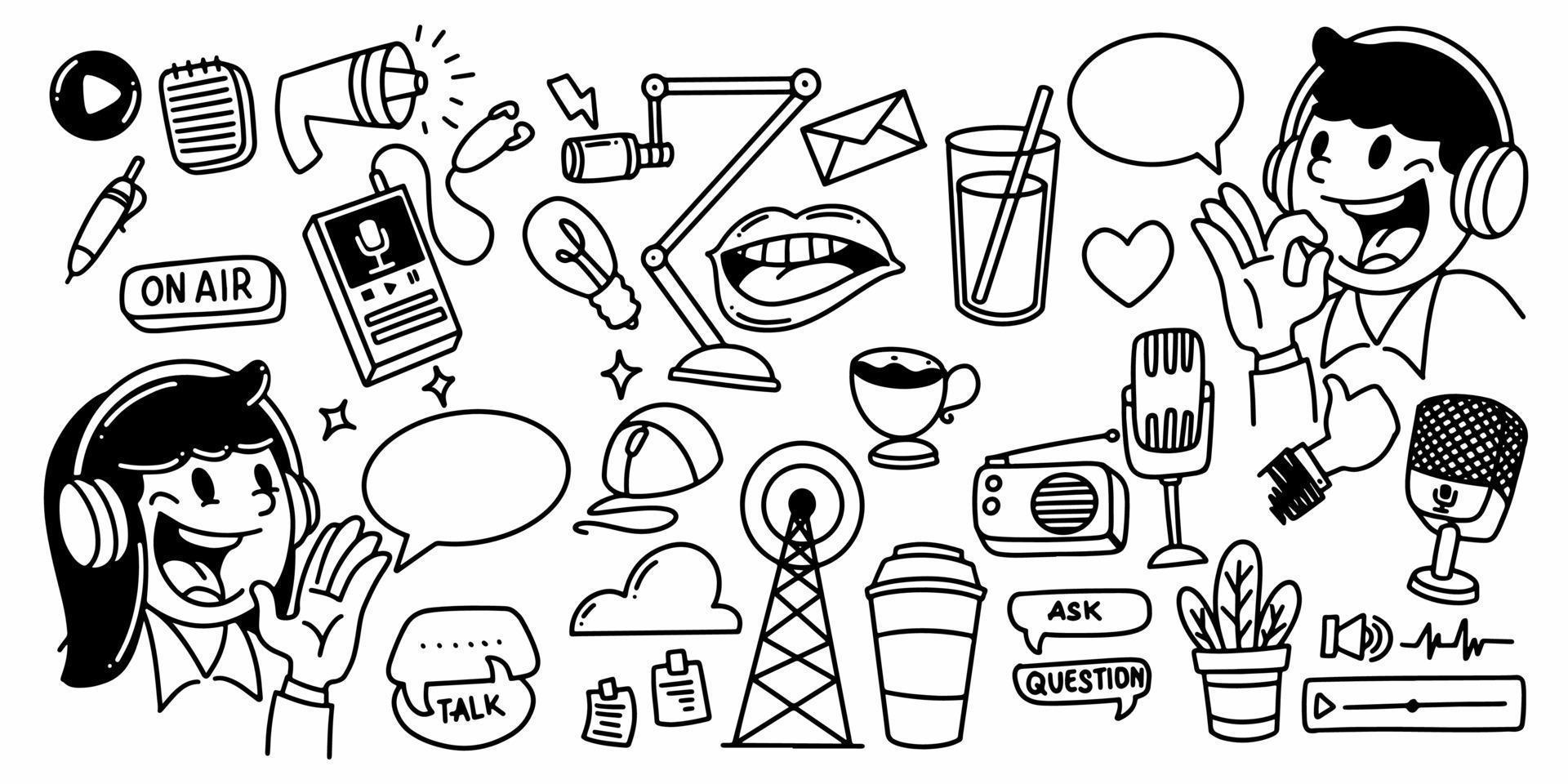 conjunto de elementos de podcast em estilo infantil de doodle desenhado à mão vetor