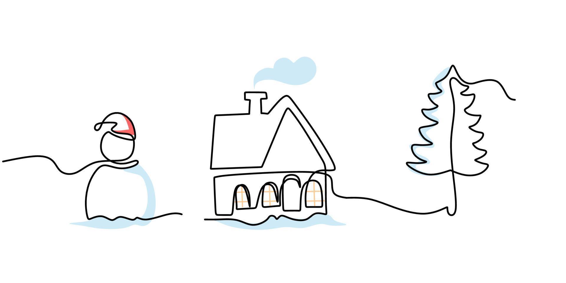 contínua uma única linha de boneco de neve, casa e pinheiro vetor