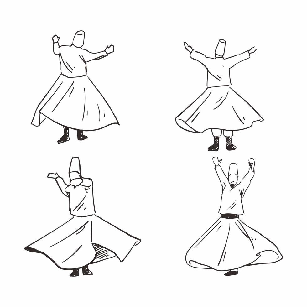 mão desenhada da dança dervixe sufi girando isolada no fundo branco. vetor