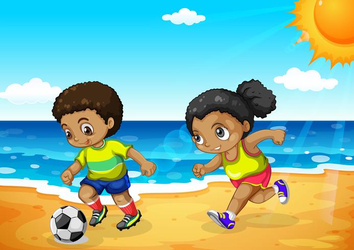 Menino africano, e, menina, futebol jogando vetor