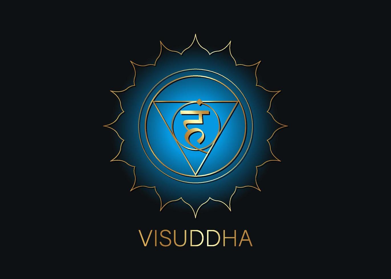 visuddha do quinto chacra da garganta com a semente do mantra sânscrito hindu vam. símbolo de estilo design plano azul e dourado para meditação, ioga. vetor de modelo de logotipo redondo isolado em fundo preto