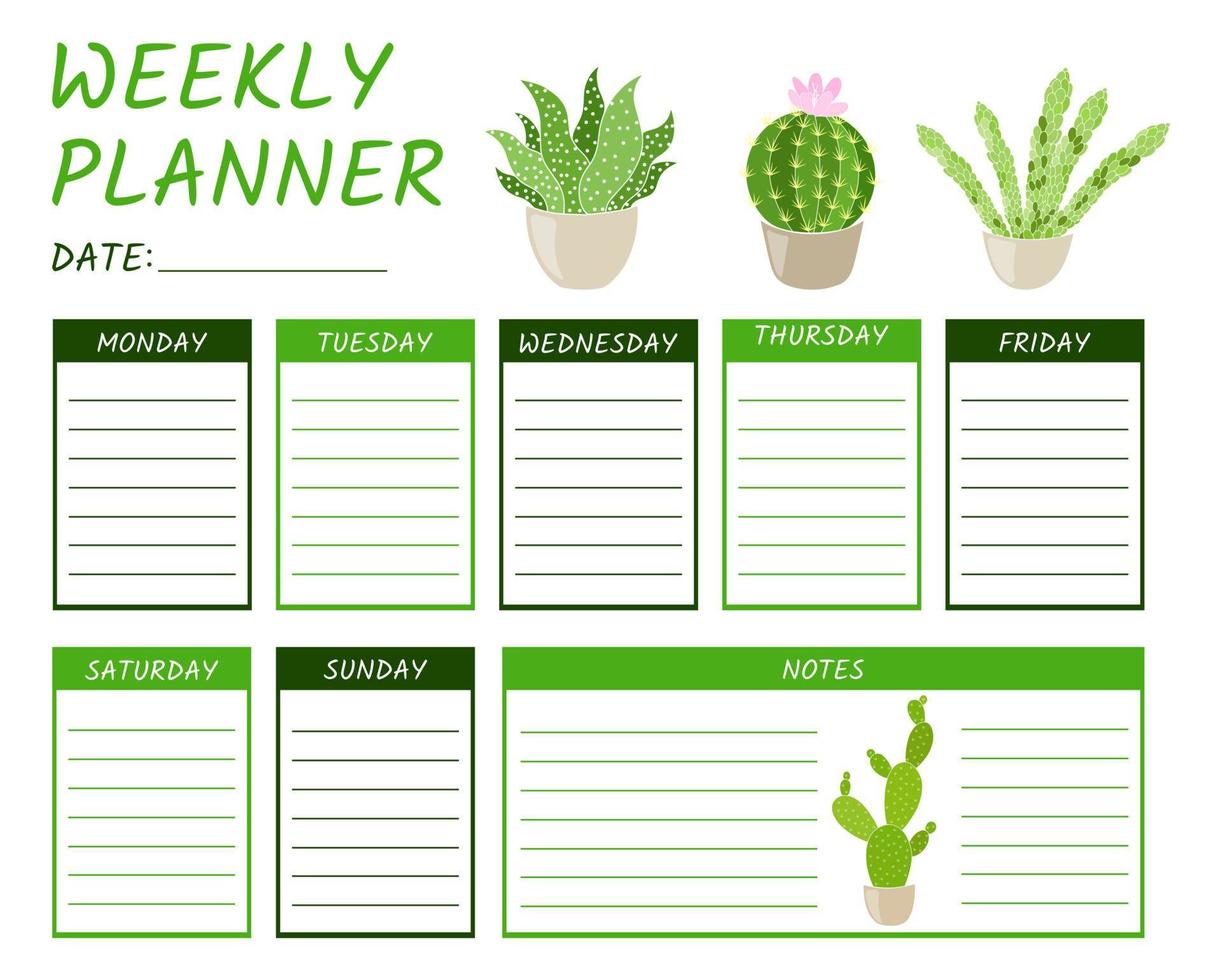 calendário fofo modelo de planejador semanal vetor