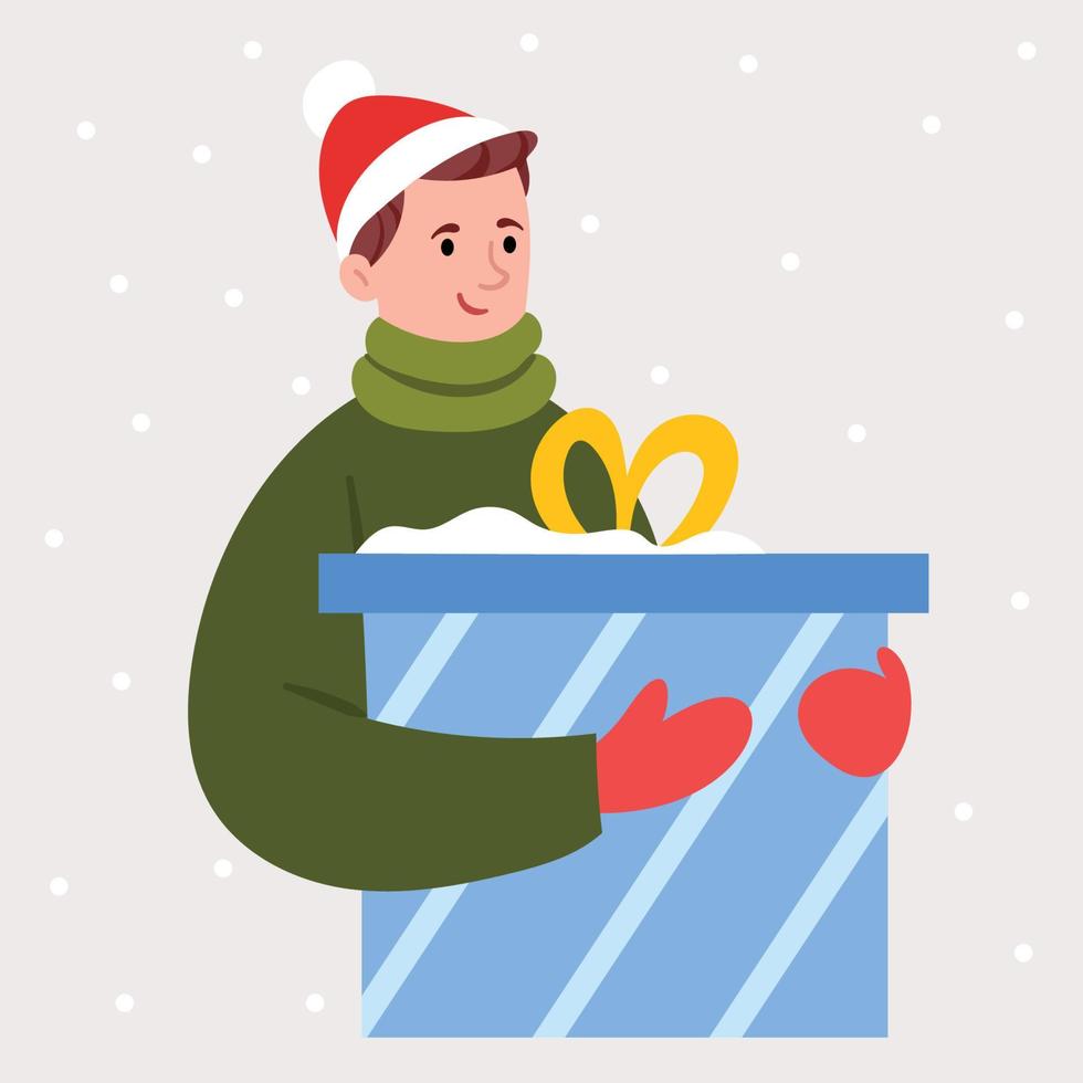 o cara com o chapéu de Papai Noel está segurando um grande presente. humor de ano novo. roupas de inverno. compras antes do natal. vetor