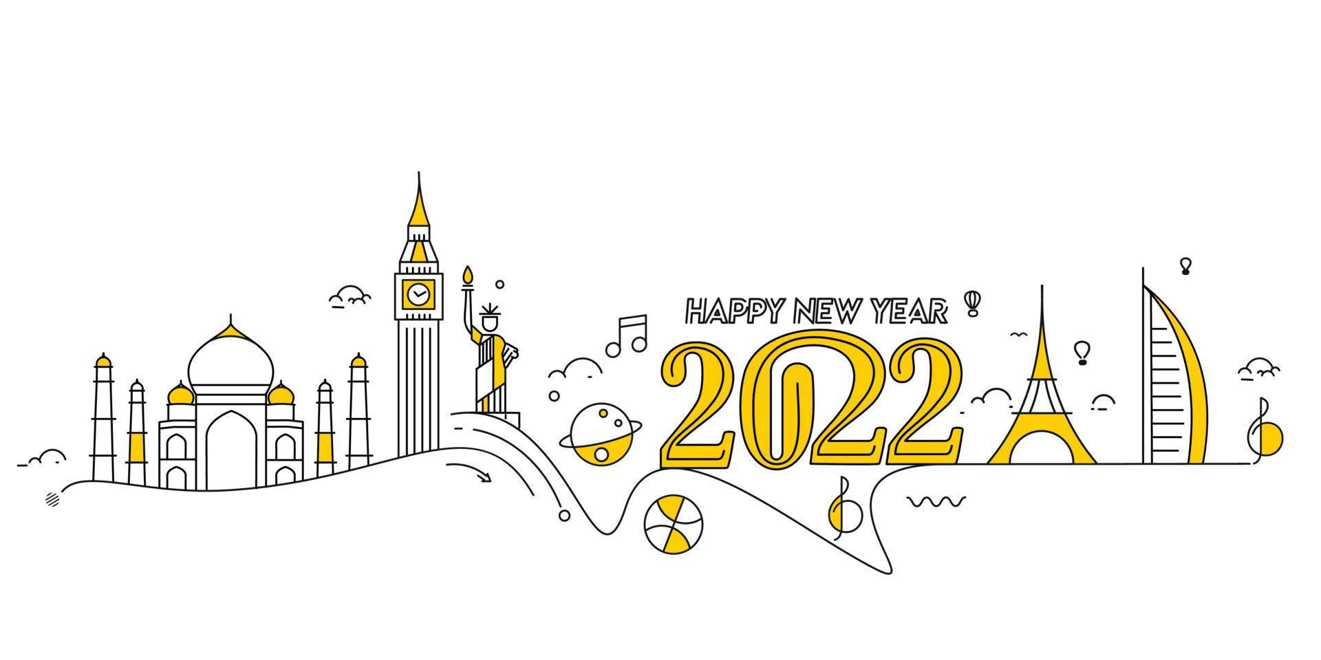 feliz ano novo 2022 texto com viagens mundial design patter, ilustração vetorial. vetor