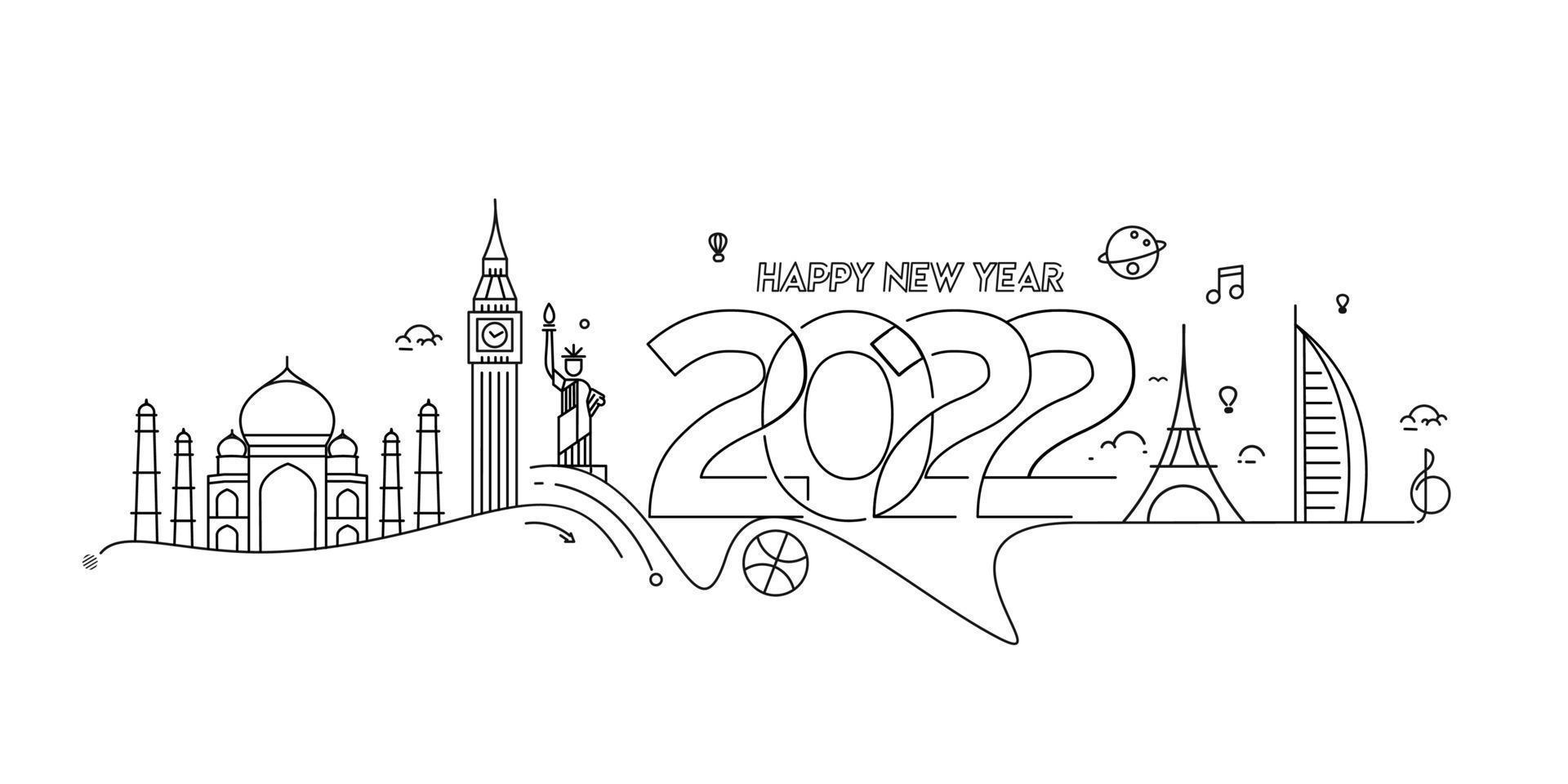 feliz ano novo 2022 texto com viagens mundial design patter, ilustração vetorial. vetor