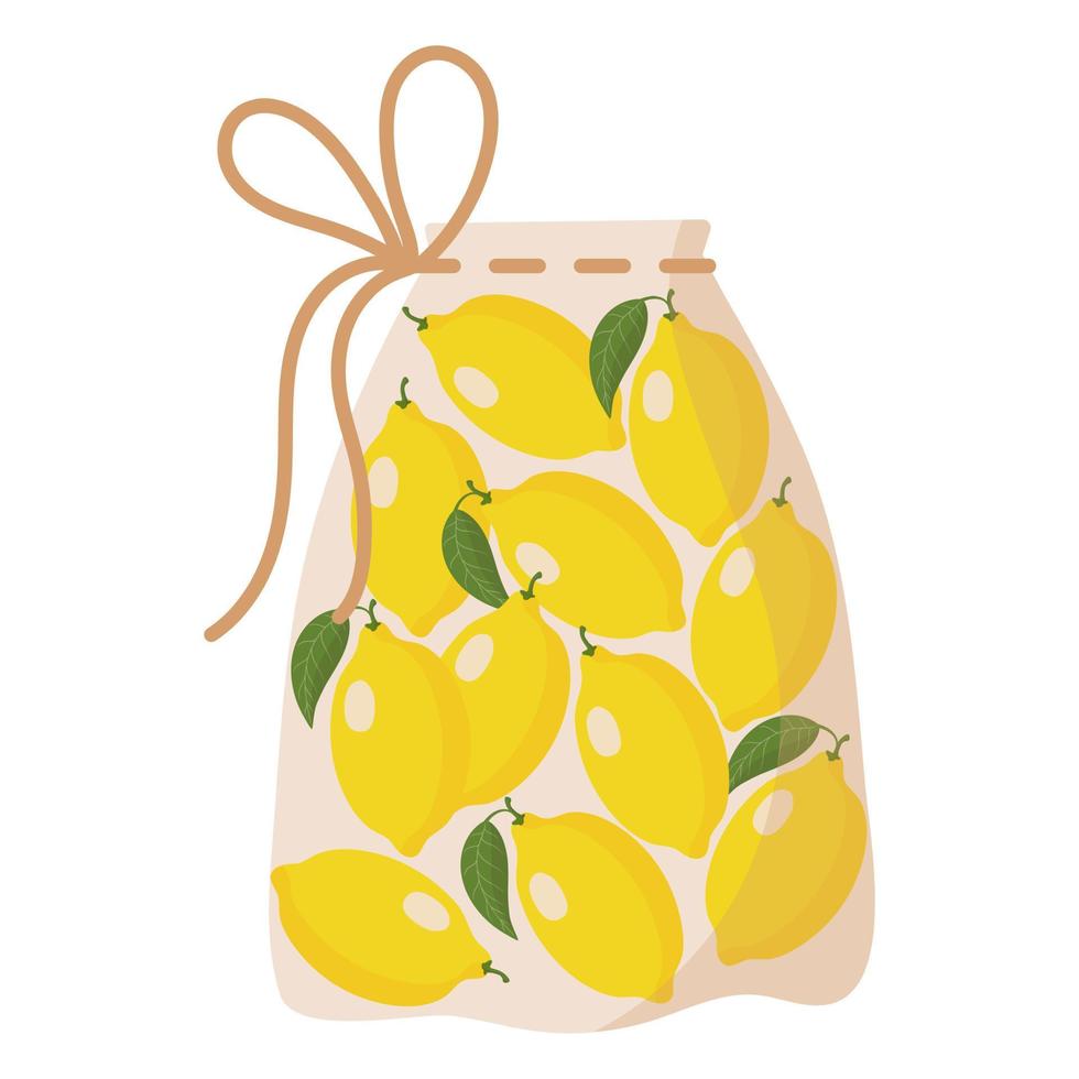 sacola ecológica reutilizável em tecido transparente para pesar alimentos, verduras e frutas sem utilizar sacola plástica com limão. vetor