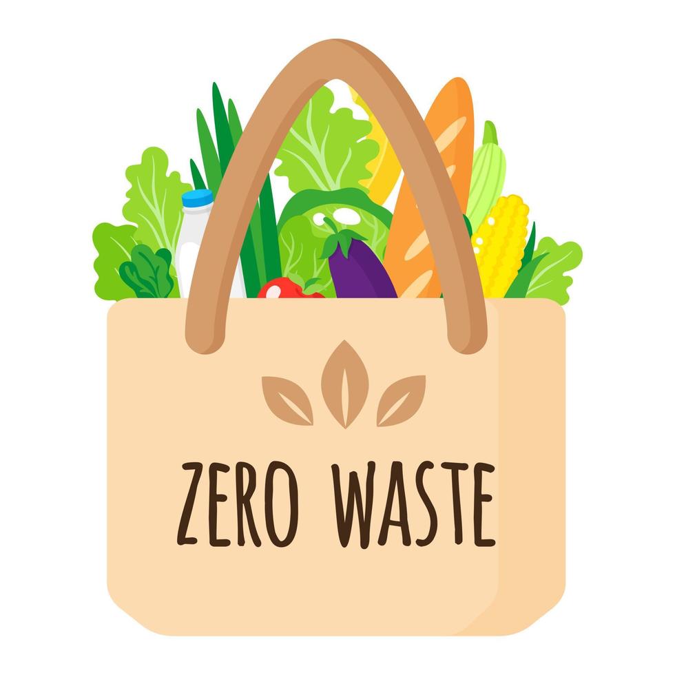sacola de compras reutilizável dos desenhos animados de vetor com eco quot com alimentos orgânicos saudáveis.