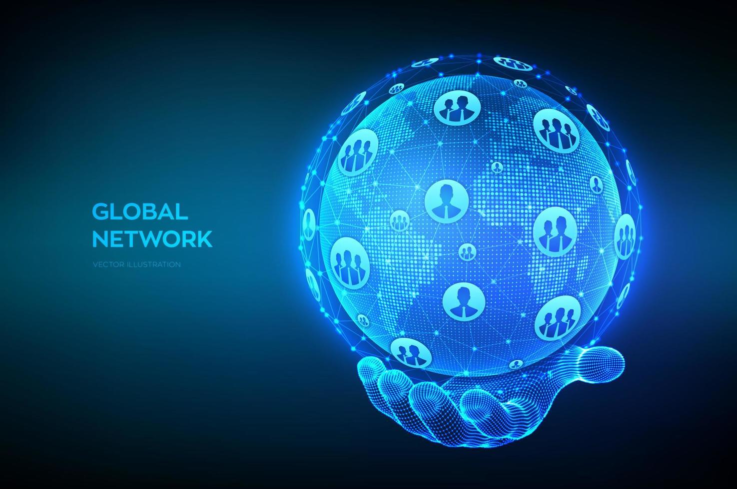 conexão de rede global. ponto de mapa mundial e composição de linha. globo terrestre na mão de estrutura de arame. conceito de negócio global. fundo azul de conexão de internet futurista. ilustração vetorial. vetor