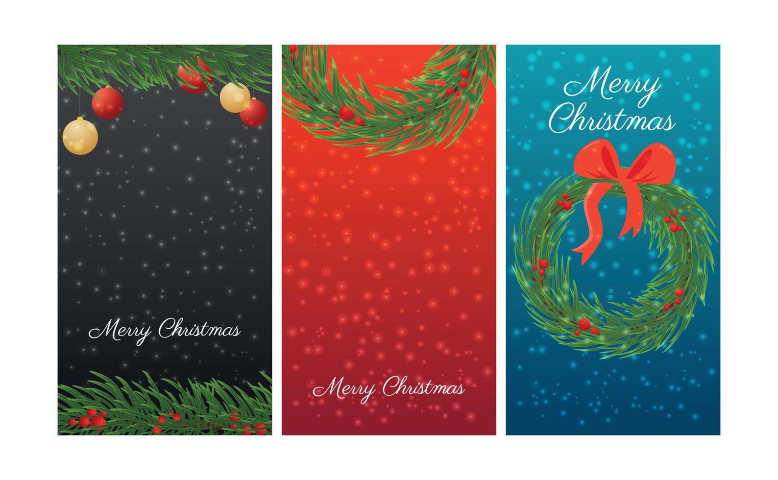 um conjunto de banners verticais de Natal com uma coroa de flores festiva e decorações. ilustração vetorial. vetor