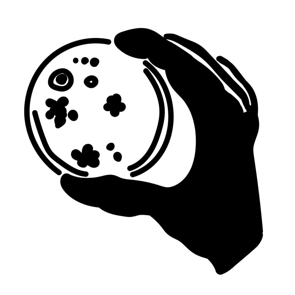 silhueta de uma mão com uma placa de Petri, uma colônia de microorganismos em uma vidraria de laboratório, pesquisa médica vetor
